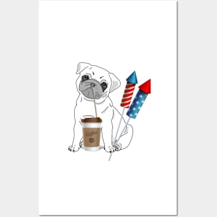 Pug Drinking Coffee with Fireworks Posters and Art